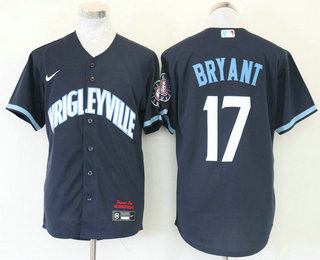 Personalized Men’s Chicago Cubs #17 Kris Bryant Navy Blue 2021 City Connect Stitched MLB Cool Base Jersey
