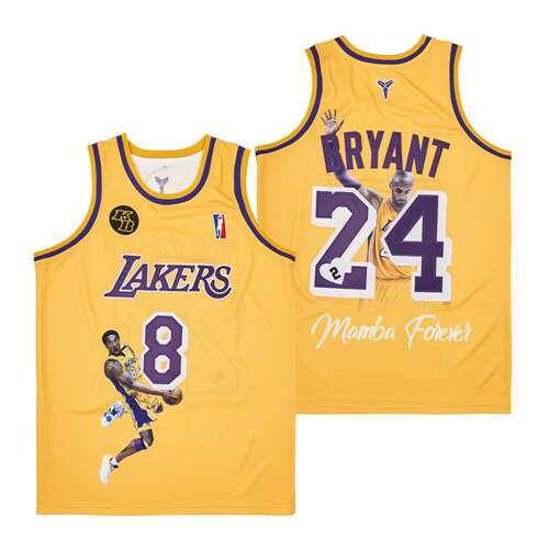 Personalized Men’s Lakers Front #8 Back #24 Kobe Bryant Yellow With KB Patch Fashion Jersey