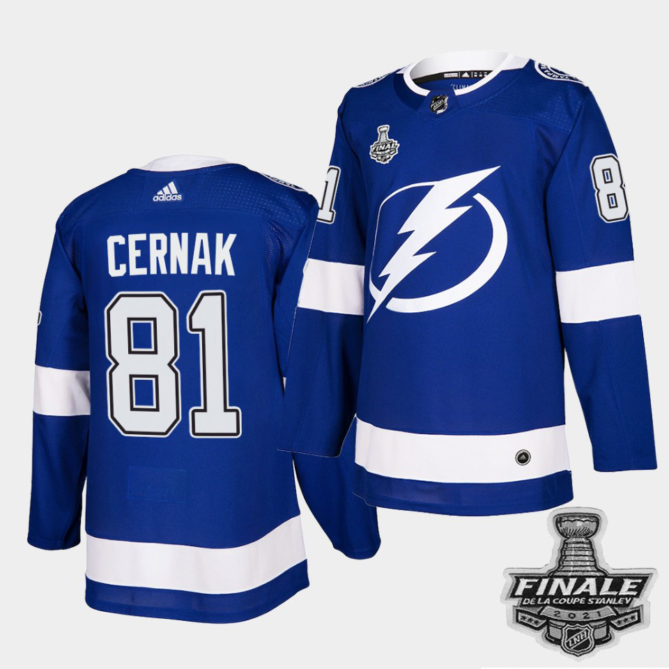 Personalized Lightning #81 Erik Cernak Blue Home Authentic 2021 NHL Stanley Cup Final Patch Jersey