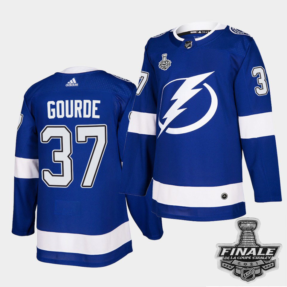 Personalized Lightning #37 Yanni Gourde Blue Home Authentic 2021 NHL Stanley Cup Final Patch Jersey