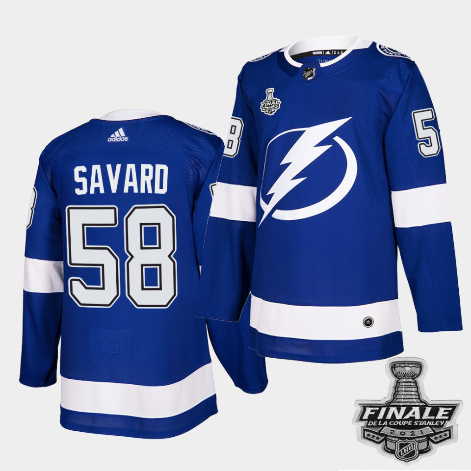 Personalized Lightning #58 David Savard Blue Home Authentic 2021 NHL Stanley Cup Final Patch Jersey