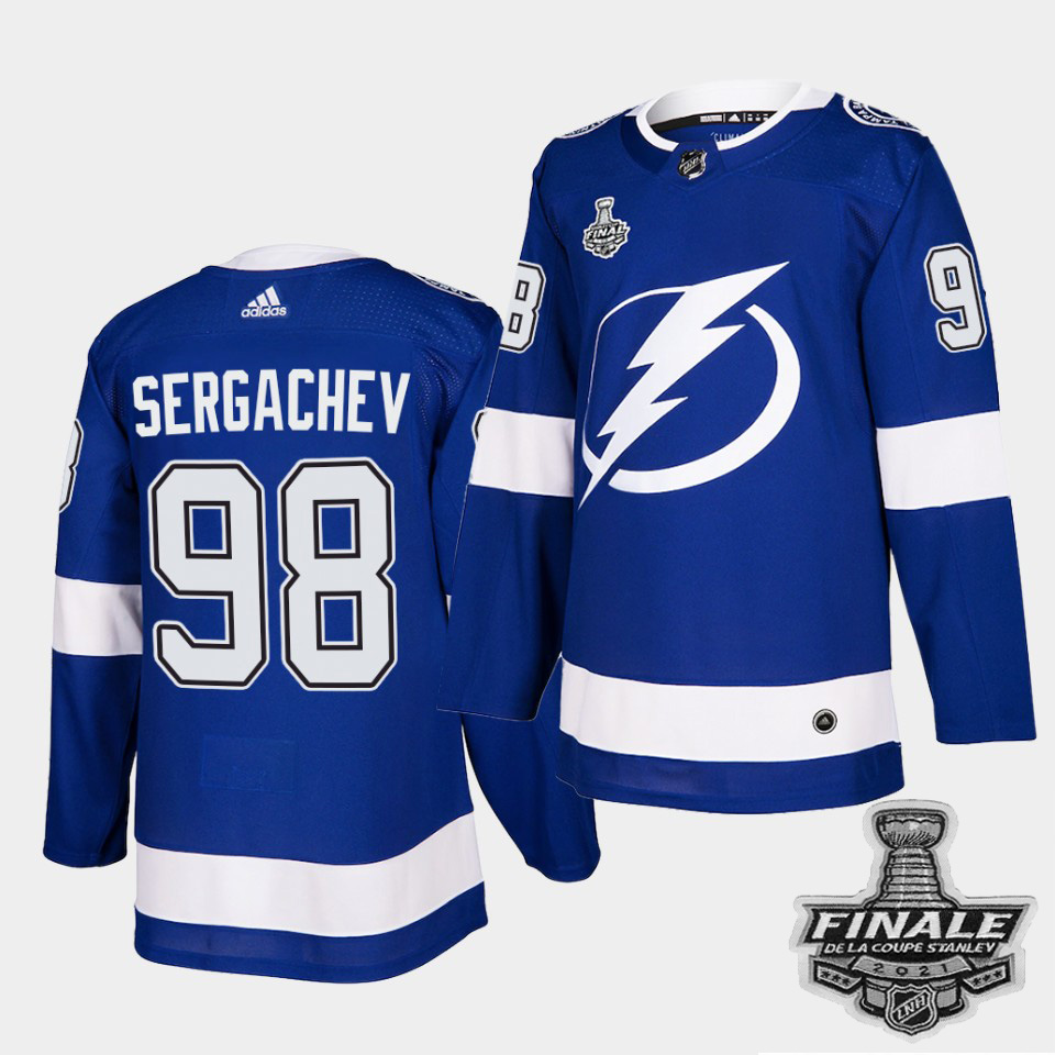 Personalized Lightning #98 Mikhail Sergachev Blue Home Authentic 2021 NHL Stanley Cup Final Patch Jersey