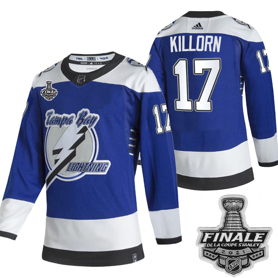 Personalized Lightning #17 Alex Killorn Blue Road Authentic Youth 2021 NHL Stanley Cup Final Patch Jersey