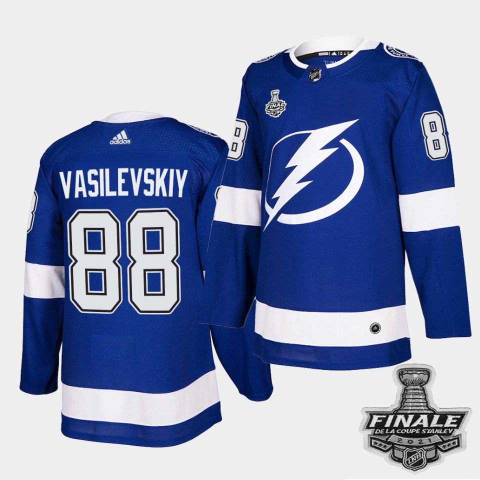 Personalized Lightning #88 Andrei Vasilevskiy Blue Home Authentic 2021 NHL Stanley Cup Final Patch Jersey