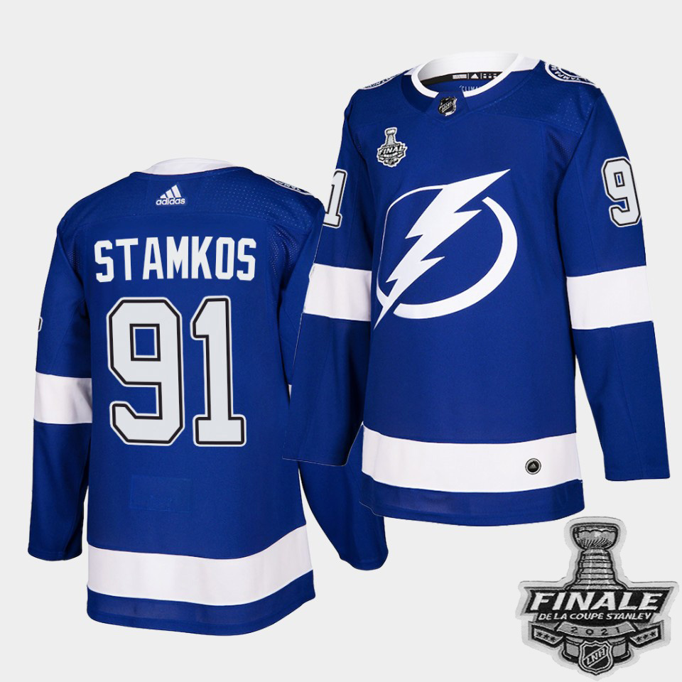 Personalized Lightning #91 Steven Stamkos Blue Home Authentic Youth 2021 NHL Stanley Cup Final Patch Jersey