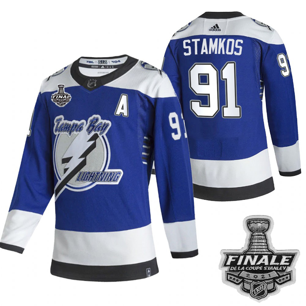 Personalized Lightning #91 Steven Stamkos Blue Road Authentic Youth 2021 NHL Stanley Cup Final Patch Jersey