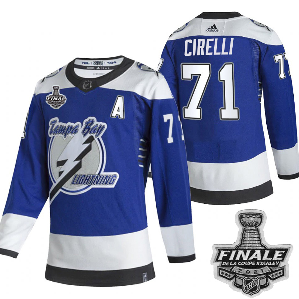 Personalized Lightning #71 Anthony Cirelli Blue Road Authentic Youth 2021 NHL Stanley Cup Final Patch Jersey