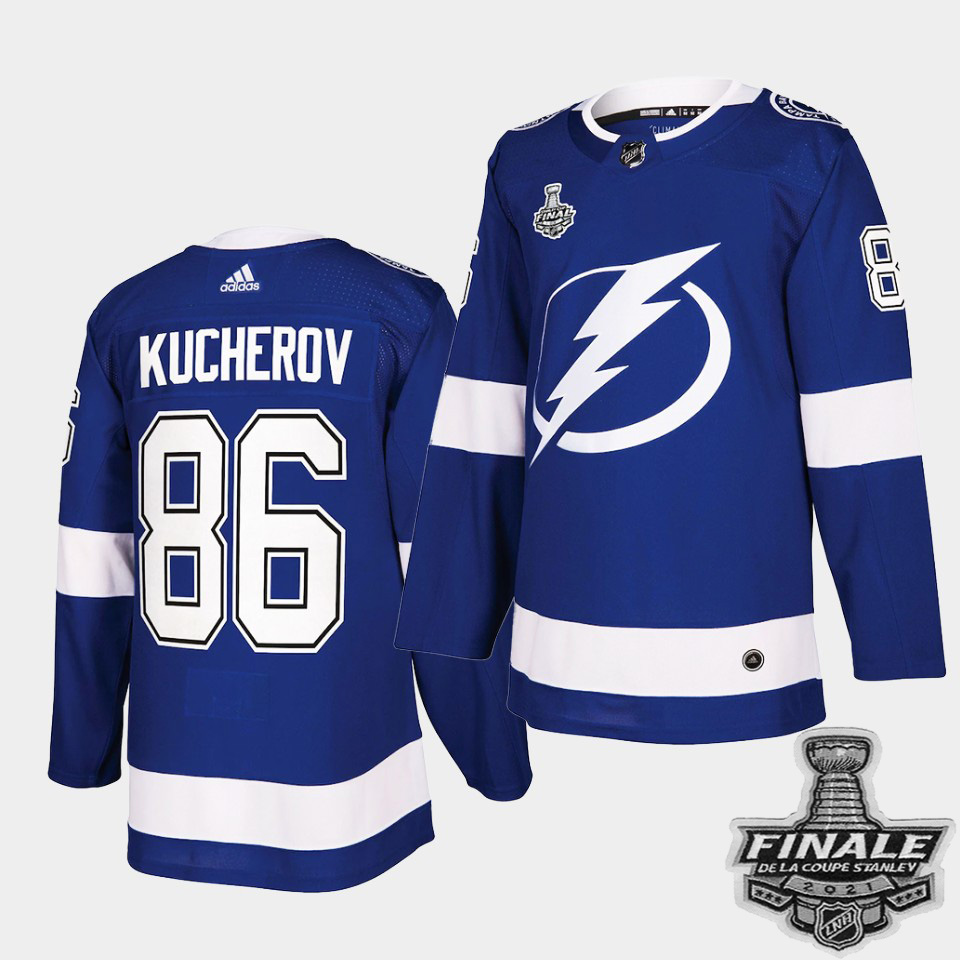 Personalized Lightning #86 Nikita Kucherov Blue Home Authentic Youth 2021 NHL Stanley Cup Final Patch Jersey