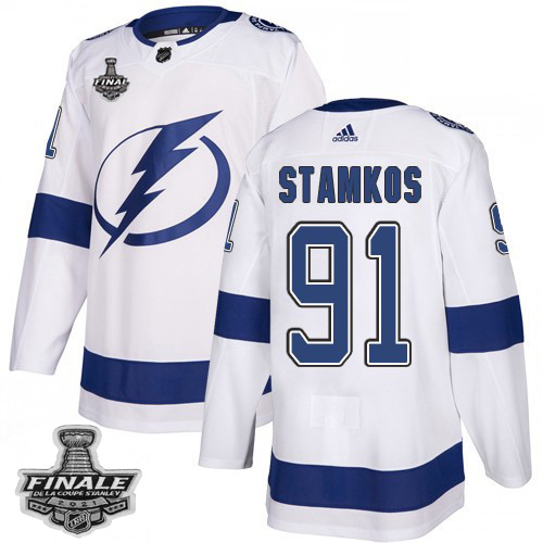 Personalized Lightning #91 Steven Stamkos White Road Authentic Youth 2021 NHL Stanley Cup Final Patch Jersey
