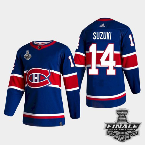 Personalized Canadiens #14 Nick Suzuki Blue Road Authentic Youth 2021 NHL Stanley Cup Final Patch Jersey