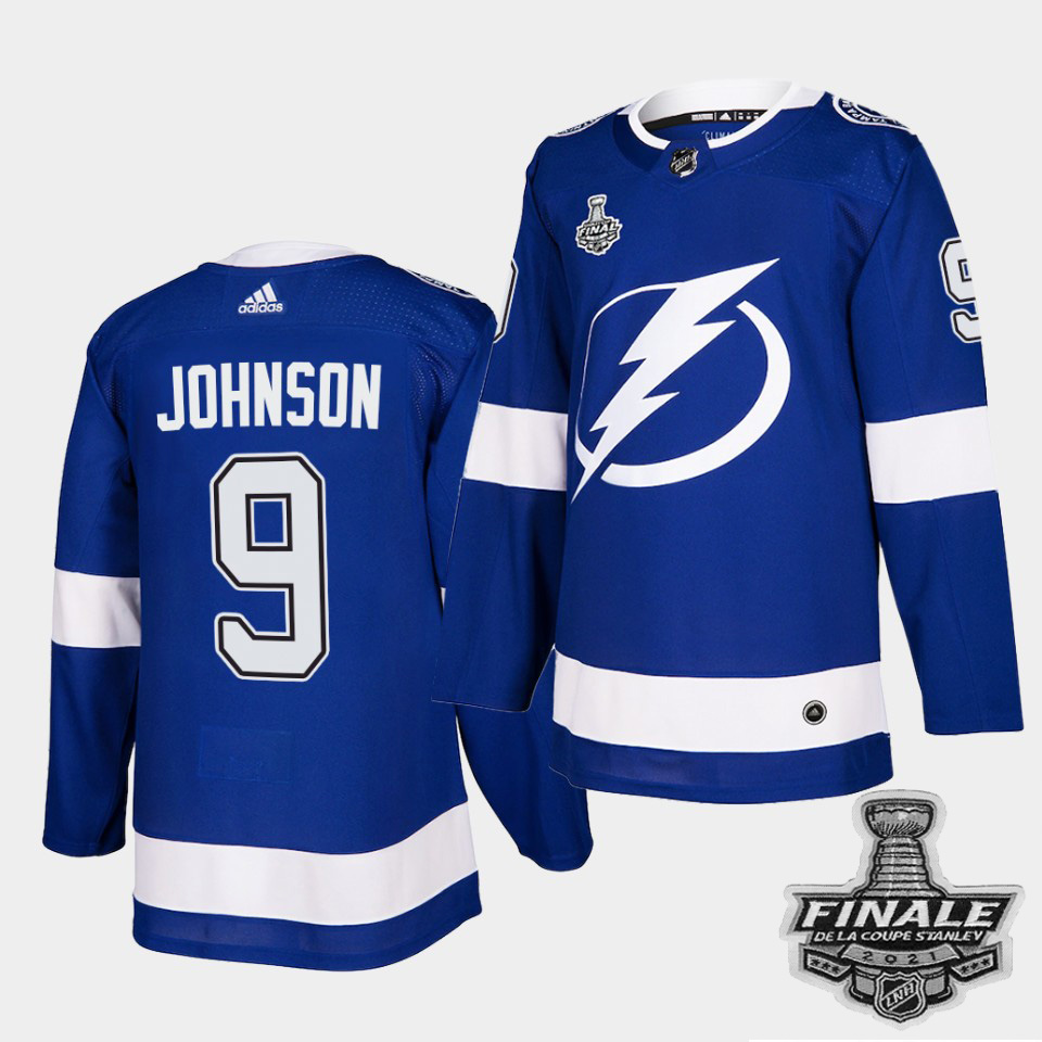 Personalized Lightning #9 Tyler Johnson Blue Home Authentic 2021 NHL Stanley Cup Final Patch Jersey