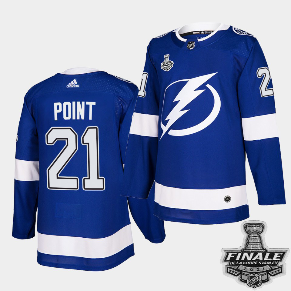 Personalized Lightning #21 Brayden Point Blue Home Authentic 2021 NHL Stanley Cup Final Patch Jersey