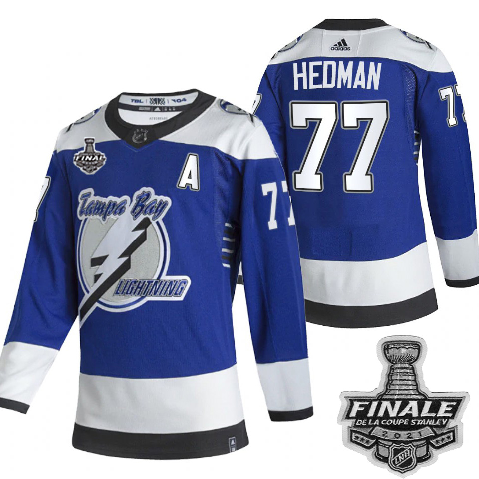 Personalized Lightning #77 Victor Hedman Blue Road Authentic 2021 NHL Stanley Cup Final Patch Jersey