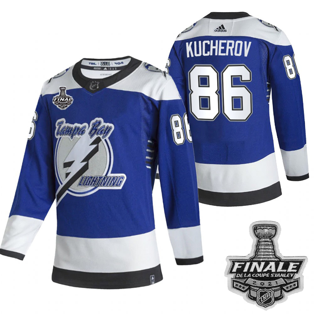 Personalized Lightning #86 Nikita Kucherov Blue Road Authentic 2021 NHL Stanley Cup Final Patch Jersey