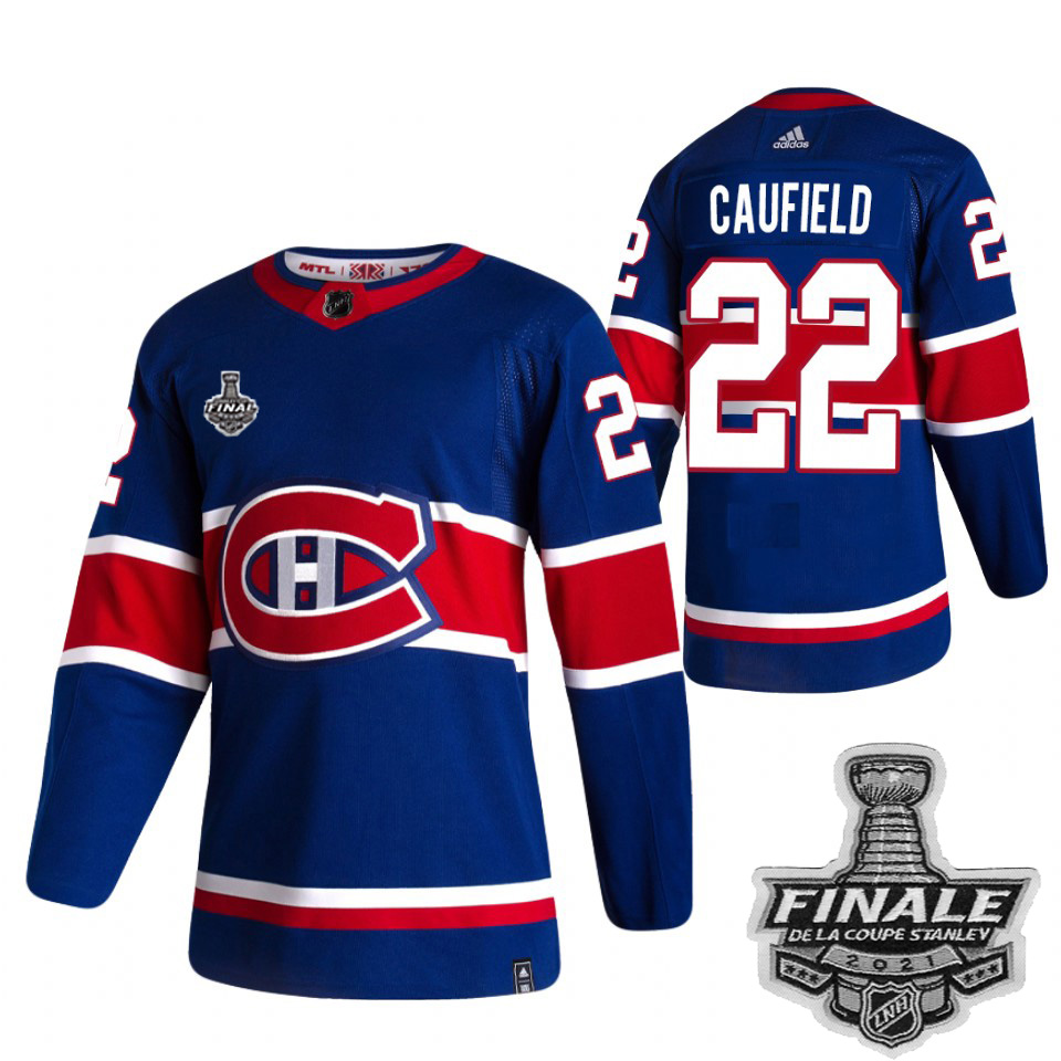 Personalized Canadiens #22 Cole Caufield Blue Road Authentic 2021 NHL Stanley Cup Final Patch Jersey