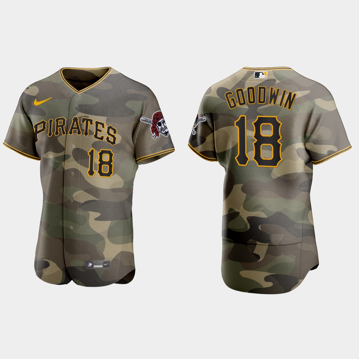 Personalized Pittsburgh Pirates #18 Brian Goodwin Men’s 2021 Armed Forces Day Authentic MLB Jersey -Camo