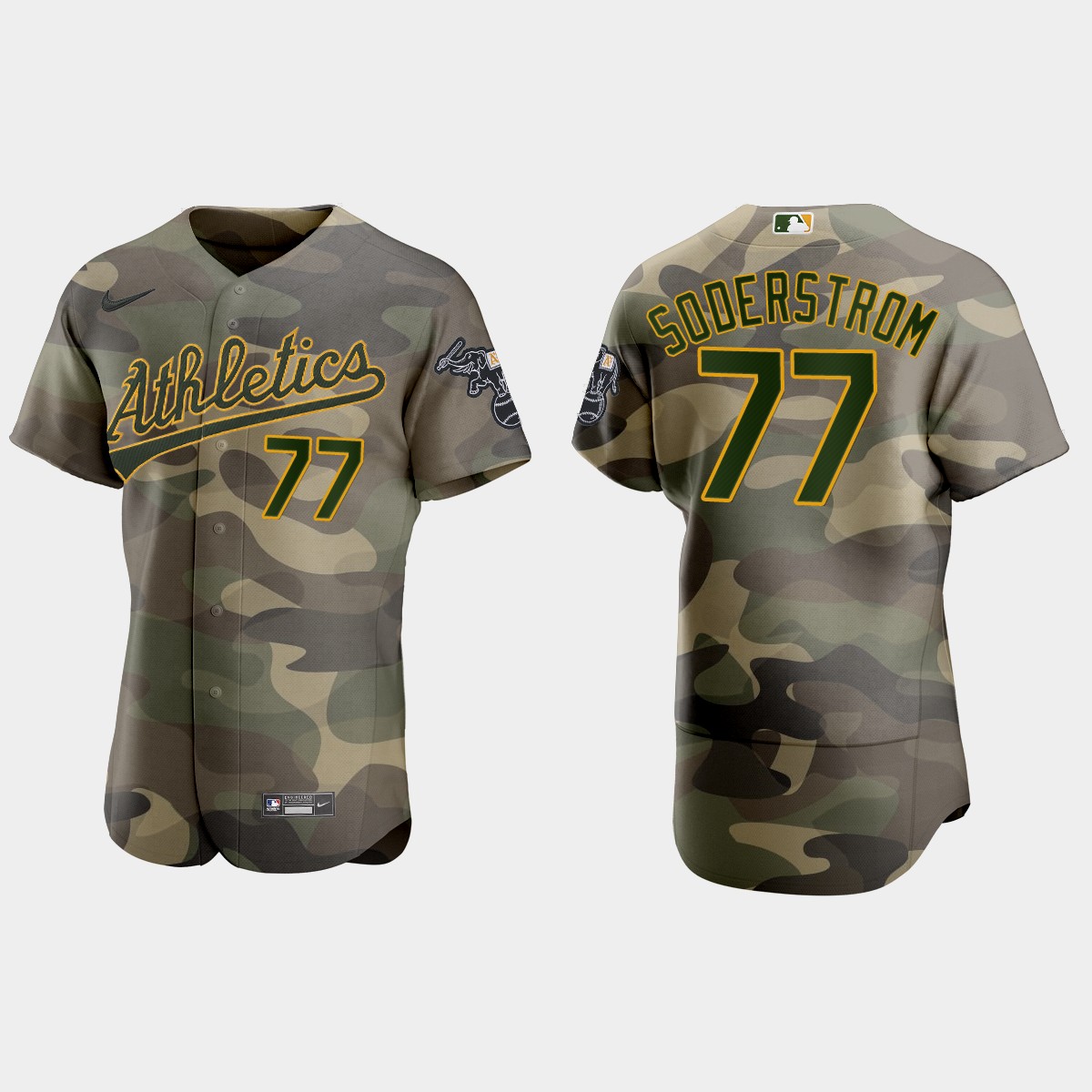 Personalized Oakland Athletics #77 Tyler Soderstrom Men’s 2021 Armed Forces Day Authentic MLB Jersey -Camo