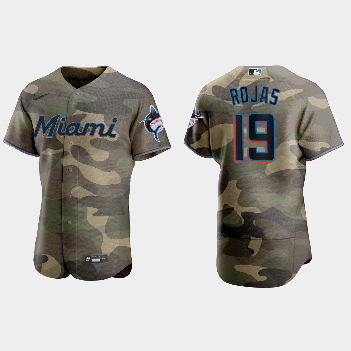 Personalized Miami Marlins #19 Miguel Rojas Men’s 2021 Armed Forces Day Authentic MLB Jersey -Camo