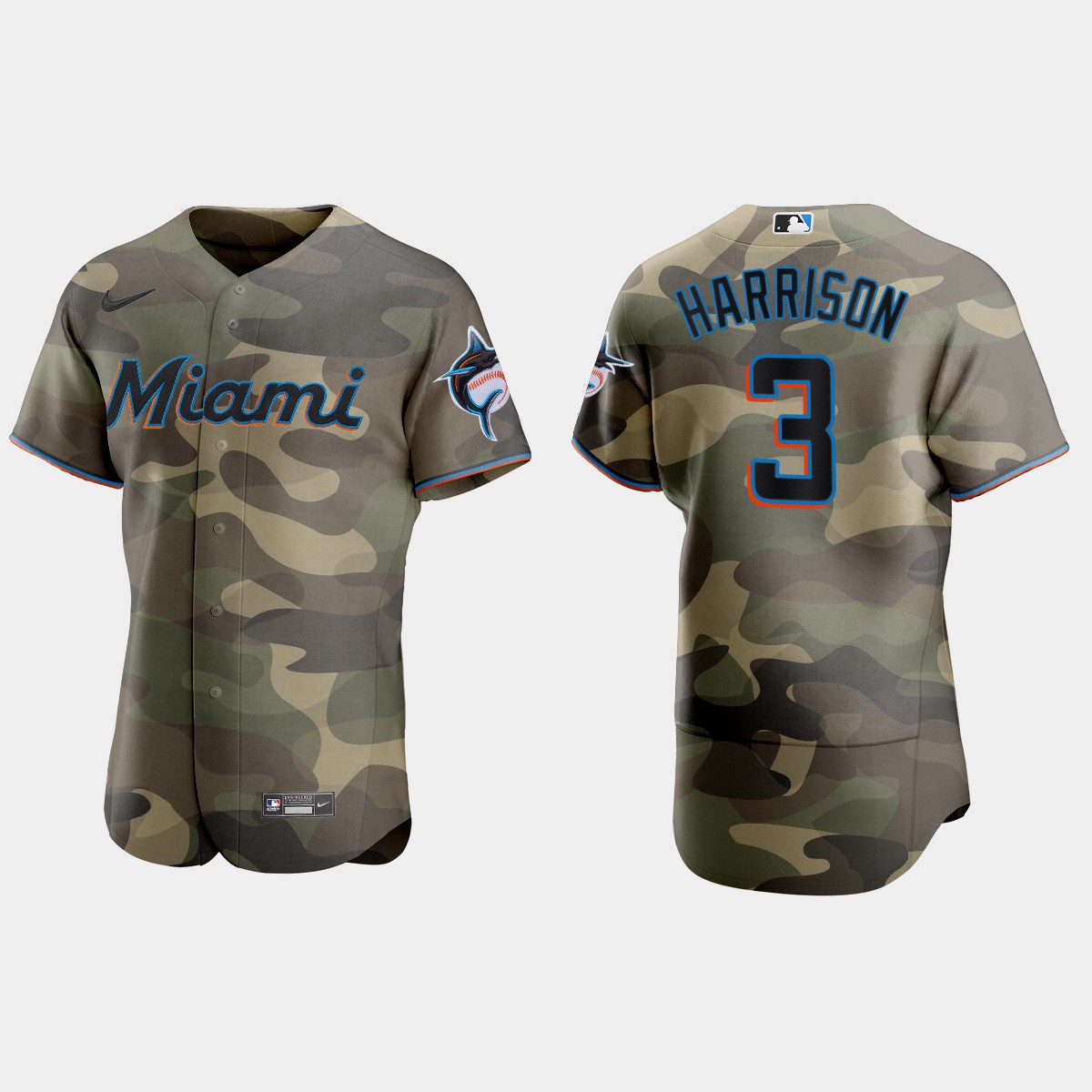 Personalized Miami Marlins #3 Monte Harrison Men’s 2021 Armed Forces Day Authentic MLB Jersey -Camo