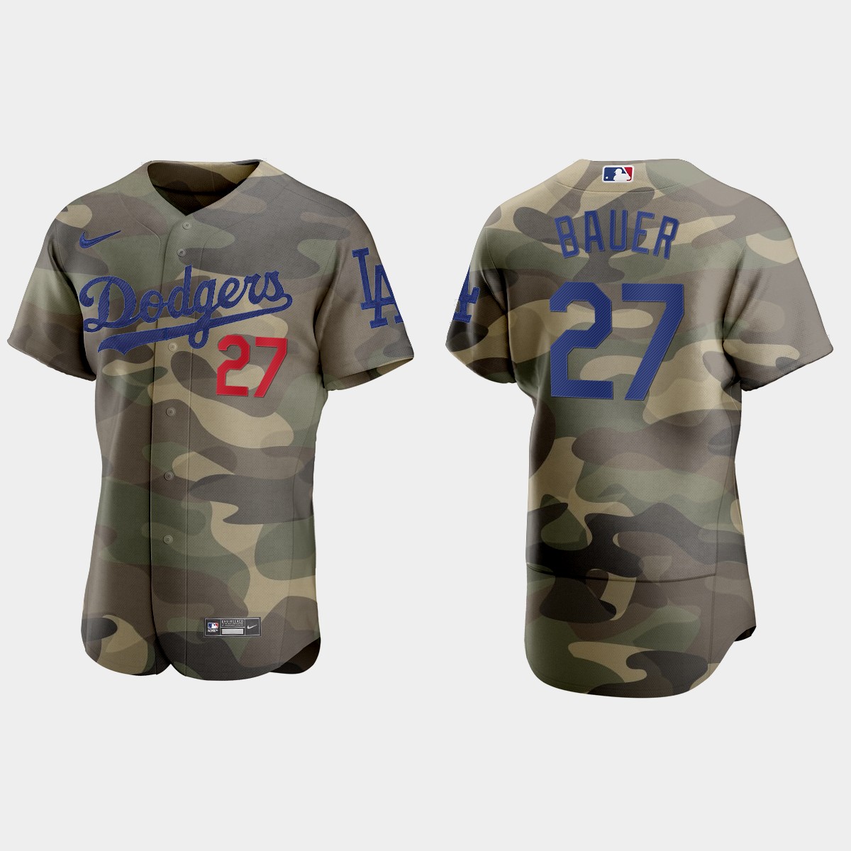 Personalized Los Angeles Dodgers #27 Trevor Bauer Men’s 2021 Armed Forces Day Authentic MLB Jersey -Camo