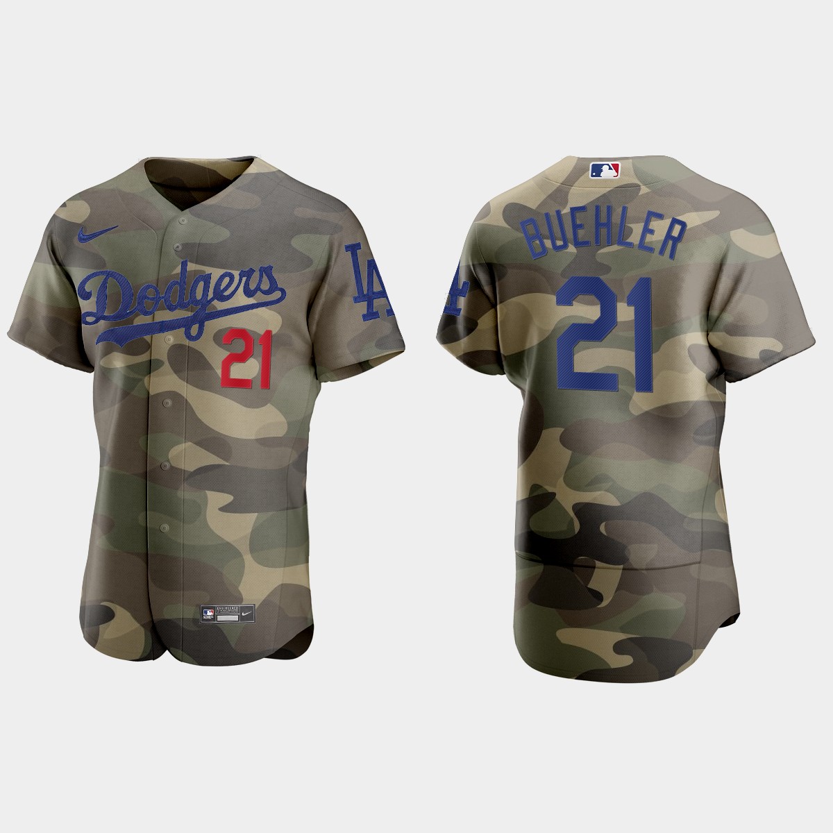 Personalized Los Angeles Dodgers #21 Walker Buehler Men’s 2021 Armed Forces Day Authentic MLB Jersey -Camo