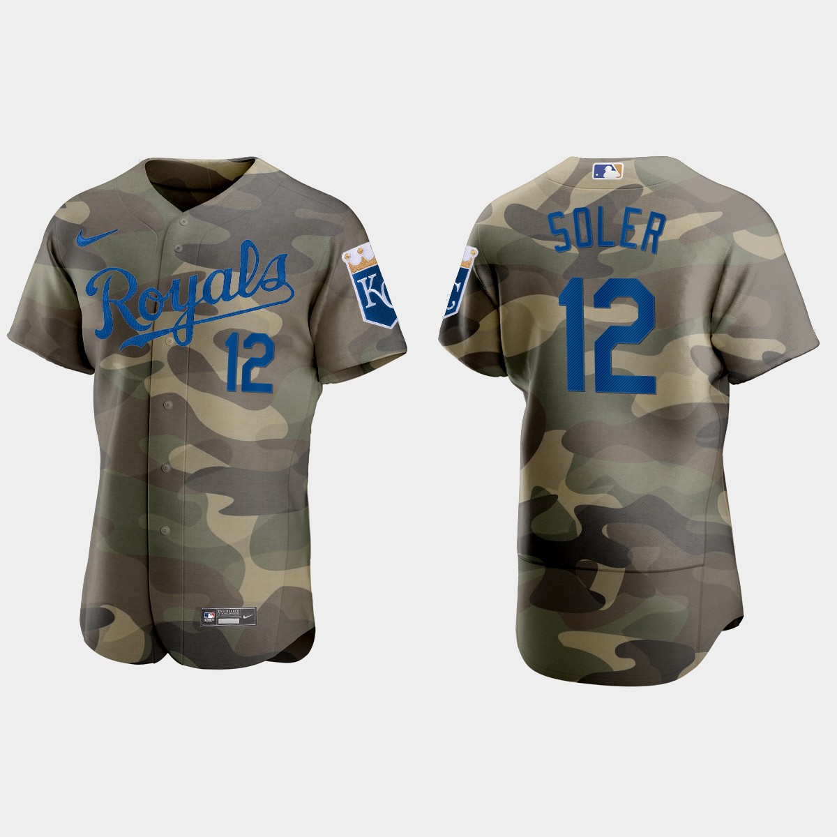 Personalized Kansas City Royals #12 Jorge Soler Men’s 2021 Armed Forces Day Authentic MLB Jersey -Camo
