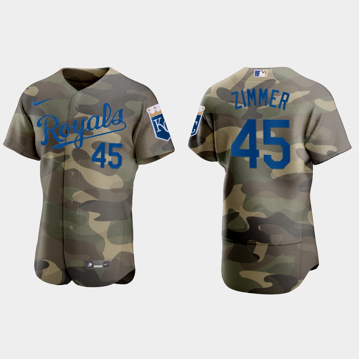 Personalized Kansas City Royals #45 Kyle Zimmer Men’s 2021 Armed Forces Day Authentic MLB Jersey -Camo