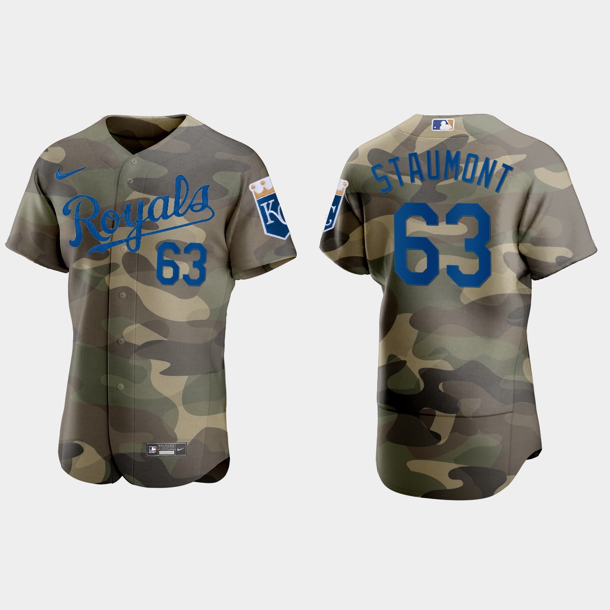 Personalized Kansas City Royals #63 Josh Staumont Men’s 2021 Armed Forces Day Authentic MLB Jersey -Camo