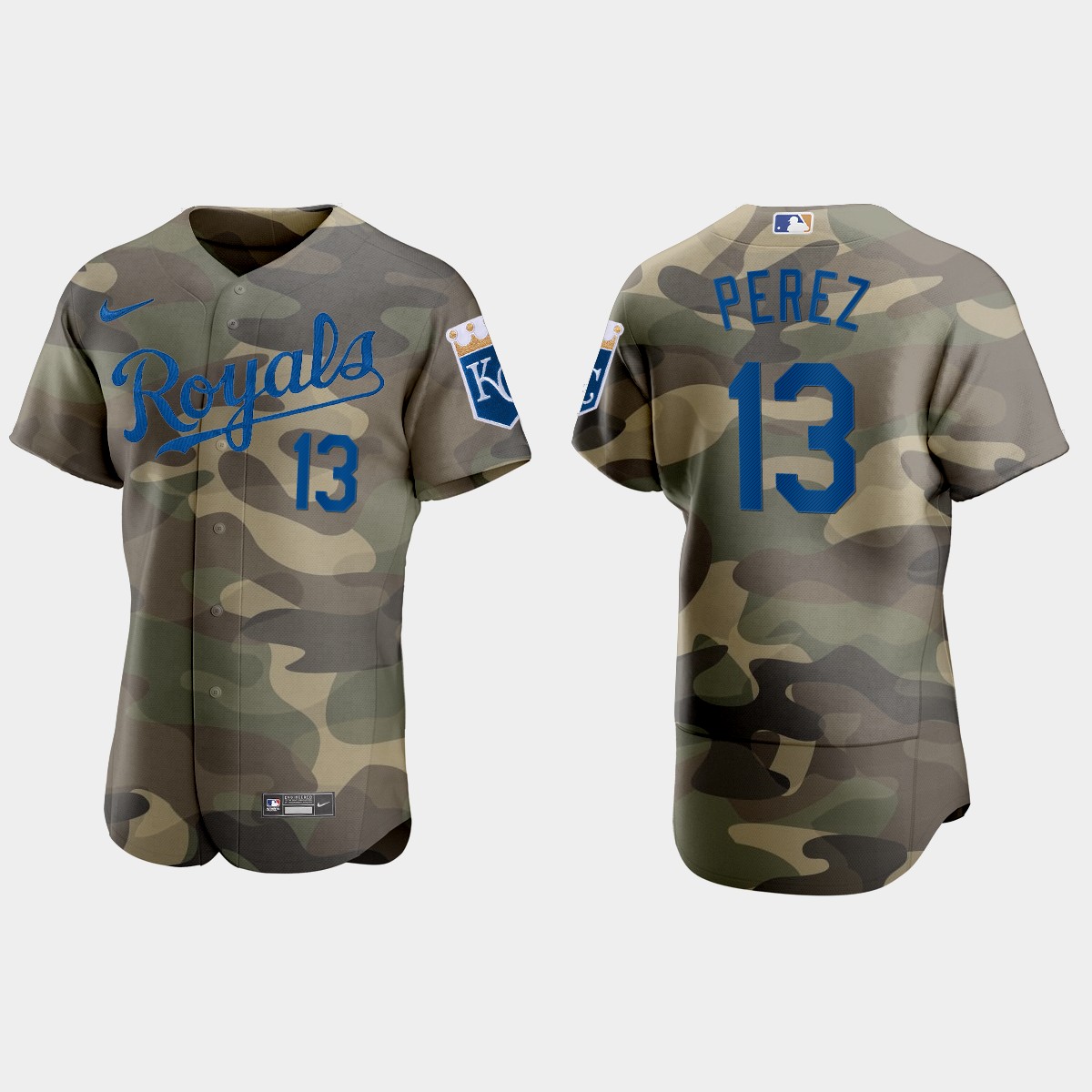 Personalized Kansas City Royals #13 Salvador Perez Men’s 2021 Armed Forces Day Authentic MLB Jersey -Camo
