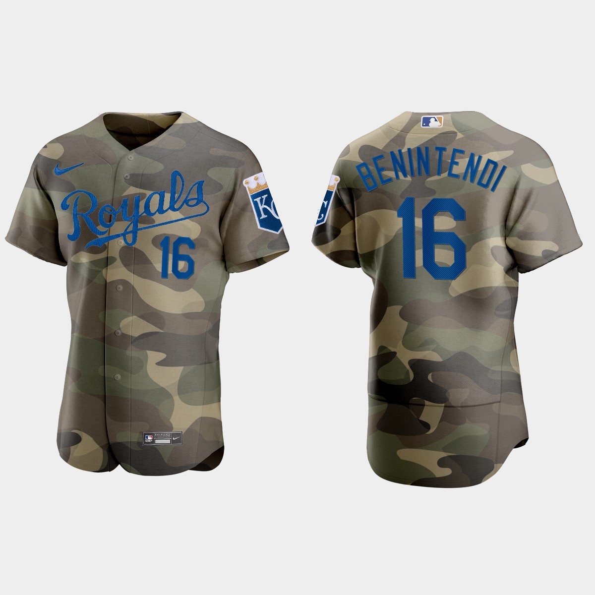 Personalized Kansas City Royals #16 Andrew Benintendi Men’s 2021 Armed Forces Day Authentic MLB Jersey -Camo