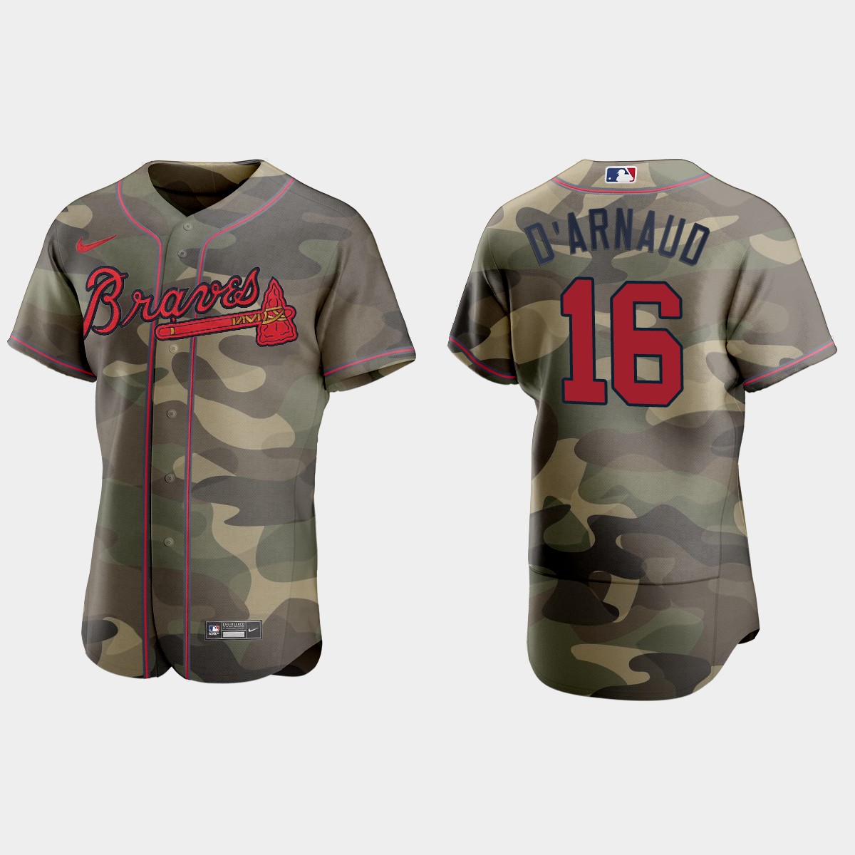 Personalized Atlanta Braves #16 Travis D’Arnaud Men’s 2021 Armed Forces Day Authentic MLB Jersey -Camo