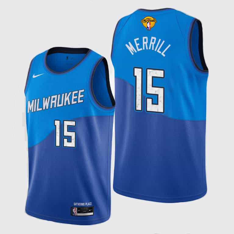Personalized Bucks #15 Sam Merrill Men’s 2021 NBA Finals Bound City Edition Jersey Blue