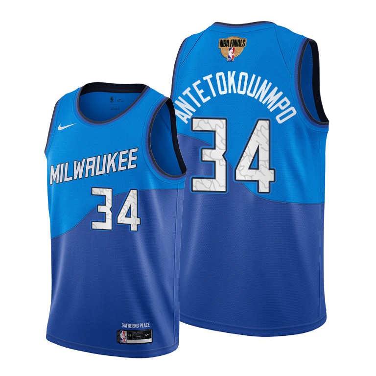 Personalized Bucks #34 Giannis Antetokounmpo Men’s 2021 NBA Finals Bound City Edition Jersey Blue