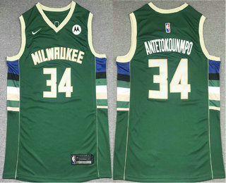 Personalized Men’s Milwaukee Bucks #34 Giannis Antetokounmpo Green 2021 Swingman Stitched Jersey With NEW Sponsor Logo