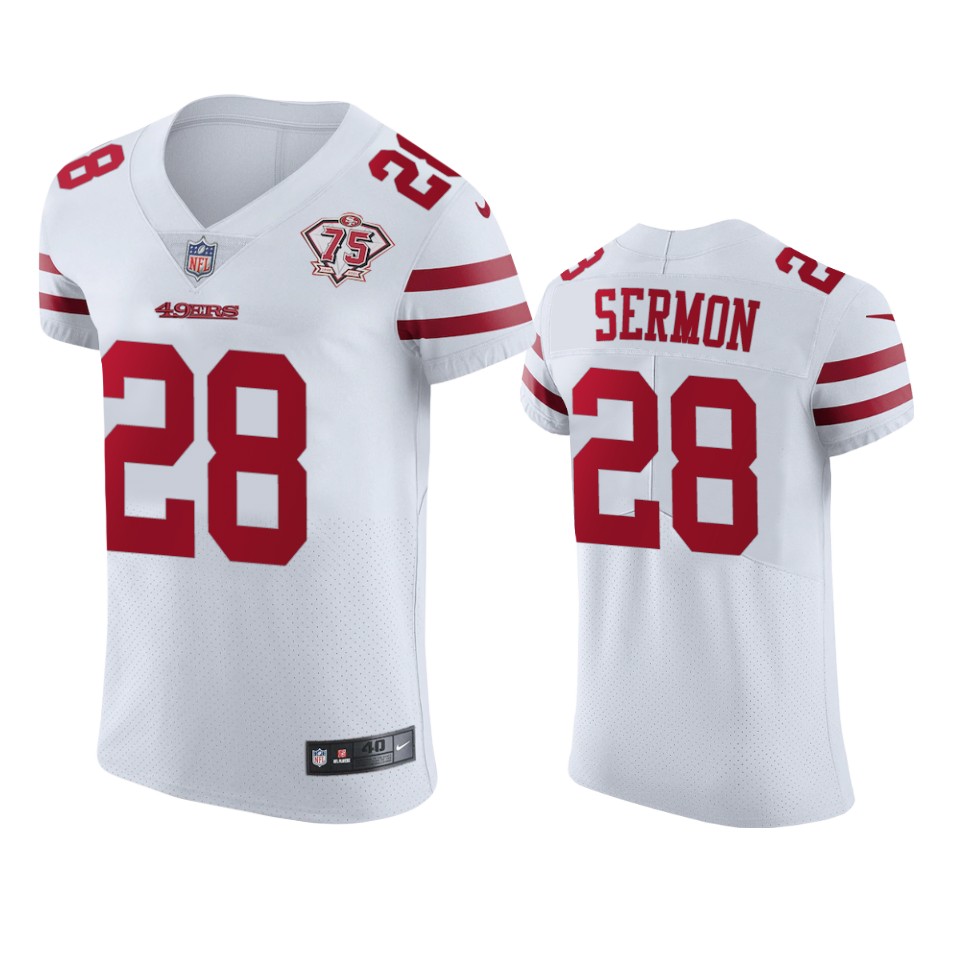 Personalized 49ers #28 Trey Sermon White Men’s 75th Anniversary Stitched NFL Untouchable Elite Jersey