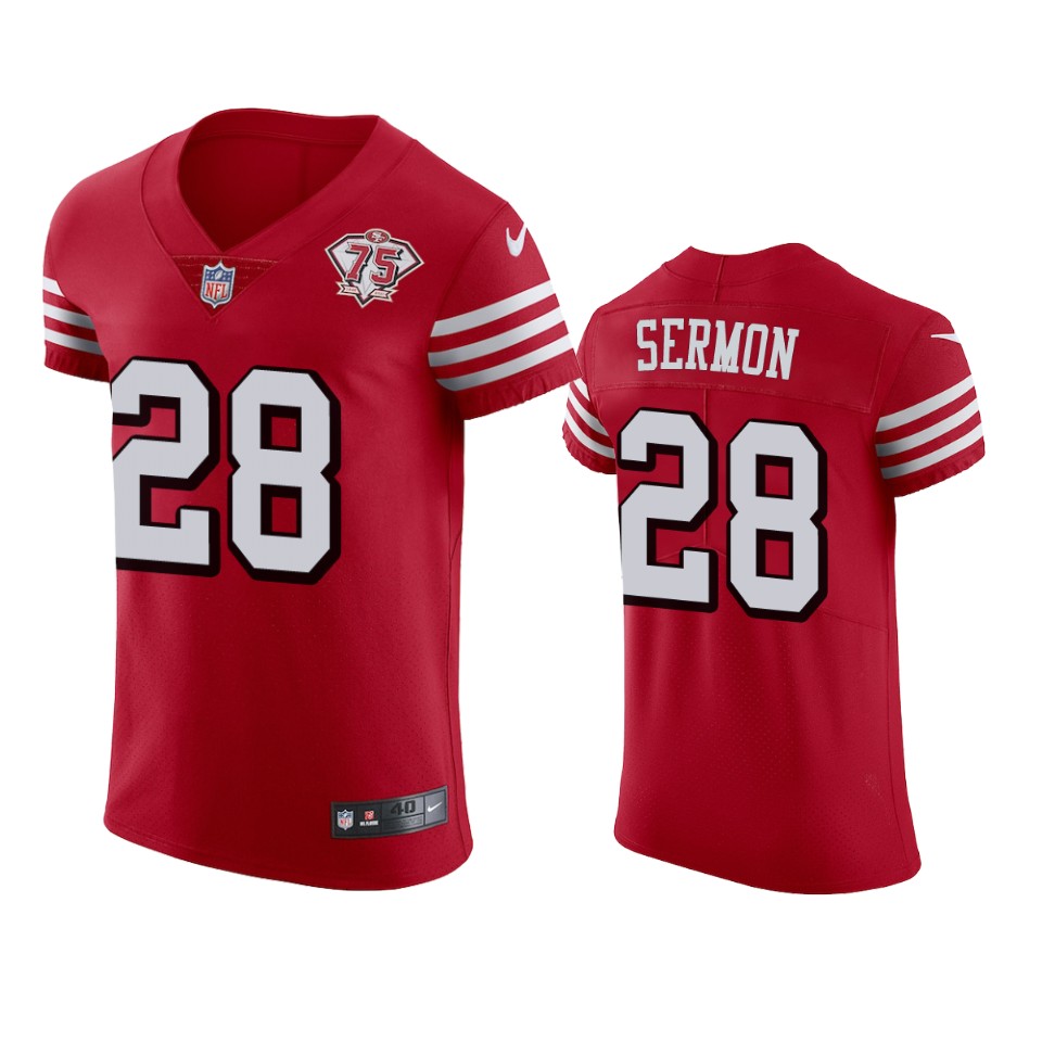 Personalized 49ers #28 Trey Sermon Red Rush Men’s 75th Anniversary Stitched NFL Untouchable Elite Jersey