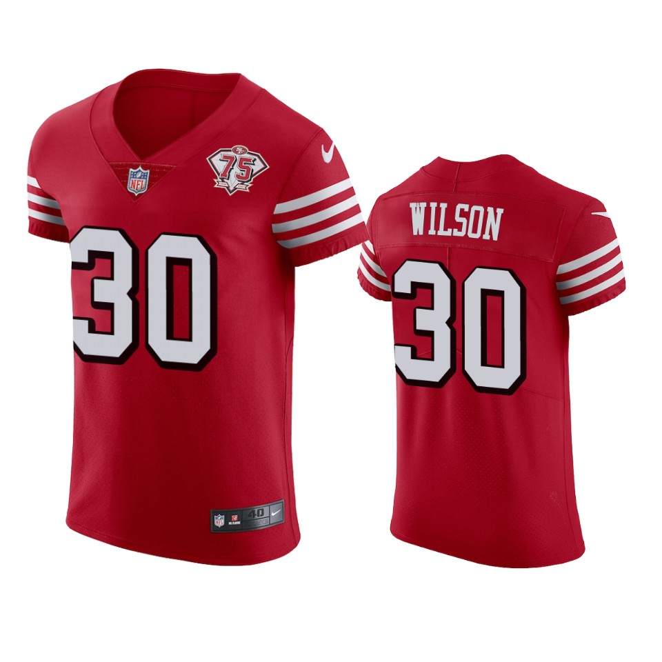 Personalized 49ers #30 Jeff Wilson Red Rush Men’s 75th Anniversary Stitched NFL Untouchable Elite Jersey