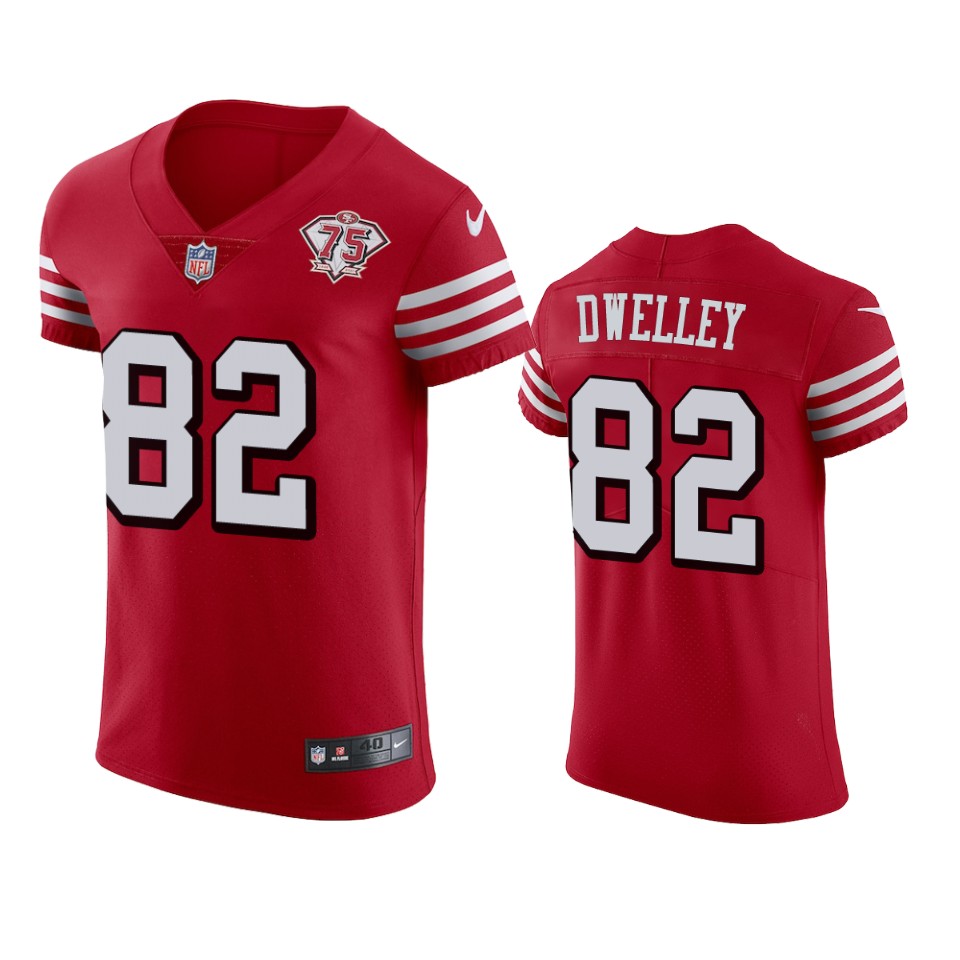 Personalized 49ers #82 Ross Dwelley Red Rush Men’s 75th Anniversary Stitched NFL Untouchable Elite Jersey