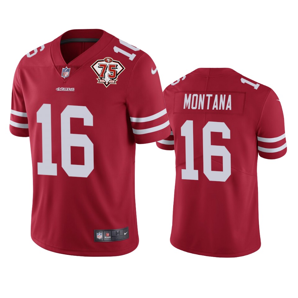 Personalized 49ers #16 Joe Montana Red Men’s 75th Anniversary Stitched NFL Untouchable Limited Jersey