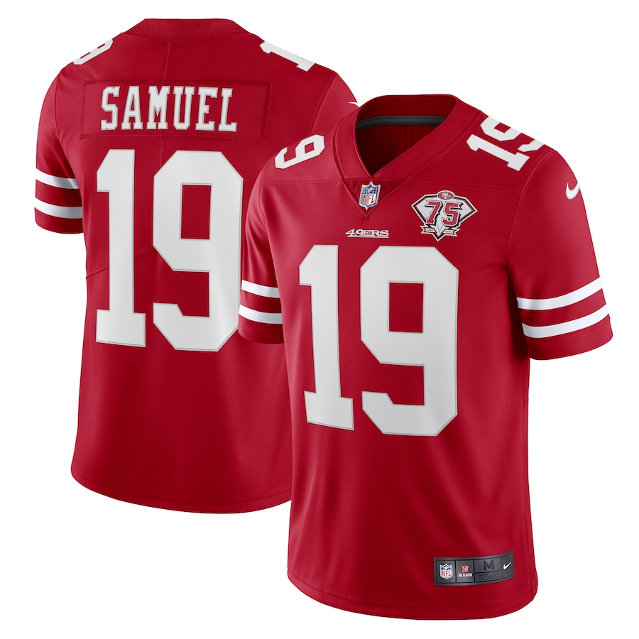 Personalized 49ers #19 Deebo Samuel Red Men’s 75th Anniversary Stitched NFL Untouchable Limited Jersey
