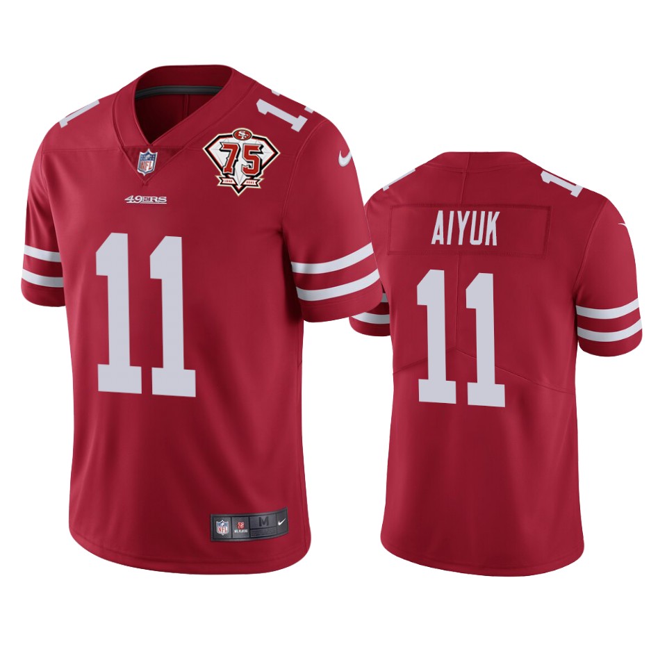 Personalized 49ers #11 Brandon Aiyuk Red Men’s 75th Anniversary Stitched NFL Untouchable Limited Jersey