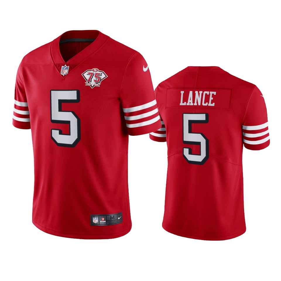 Personalized 49ers #5 Trey Lance Red Rush Men’s 75th Anniversary Stitched NFL Untouchable Limited Jersey