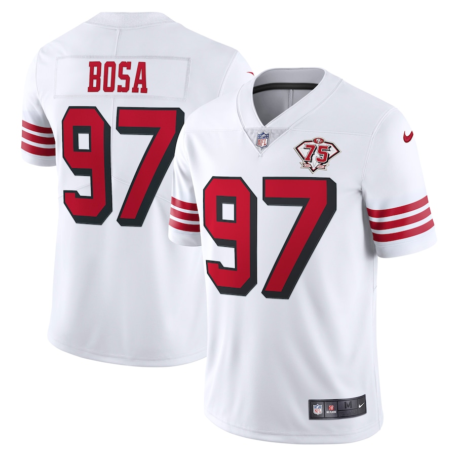Personalized 49ers #97 Nick Bosa White Rush Men’s 75th Anniversary Stitched NFL Untouchable Limited Jersey