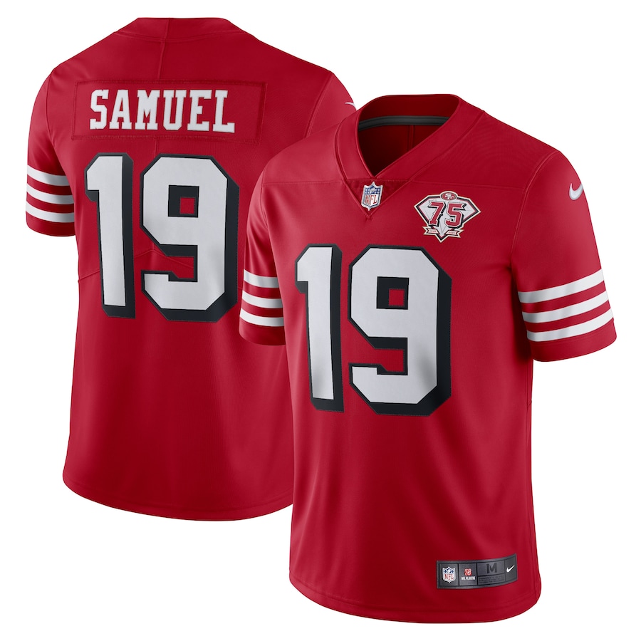 Personalized 49ers #19 Deebo Samuel Red Rush Men’s 75th Anniversary Stitched NFL Untouchable Limited Jersey