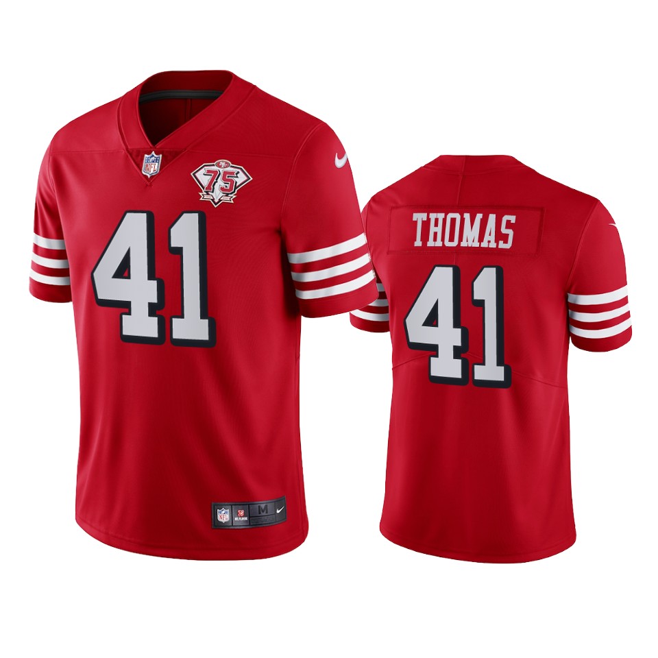 Personalized 49ers #41 Ambry Thomas Red Rush Men’s 75th Anniversary Stitched NFL Untouchable Limited Jersey