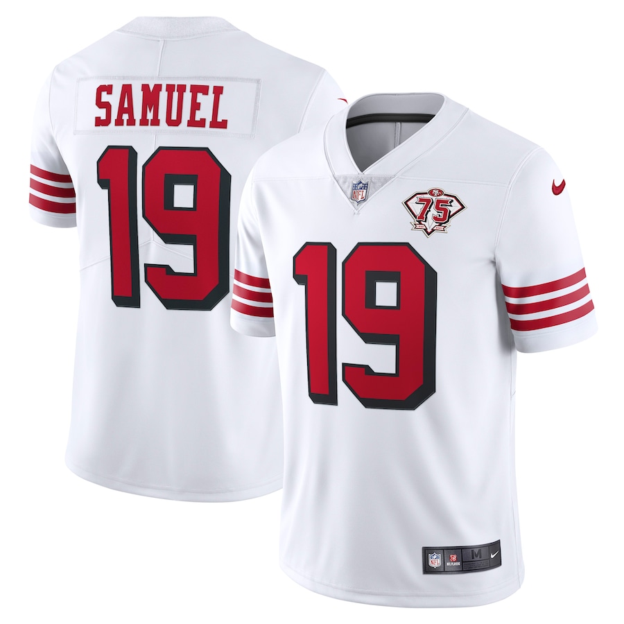 Personalized 49ers #19 Deebo Samuel White Rush Men’s 75th Anniversary Stitched NFL Untouchable Limited Jersey