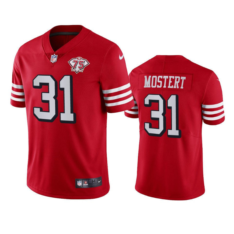 Personalized 49ers #31 Raheem Mostert Red Rush Men’s 75th Anniversary Stitched NFL Untouchable Limited Jersey