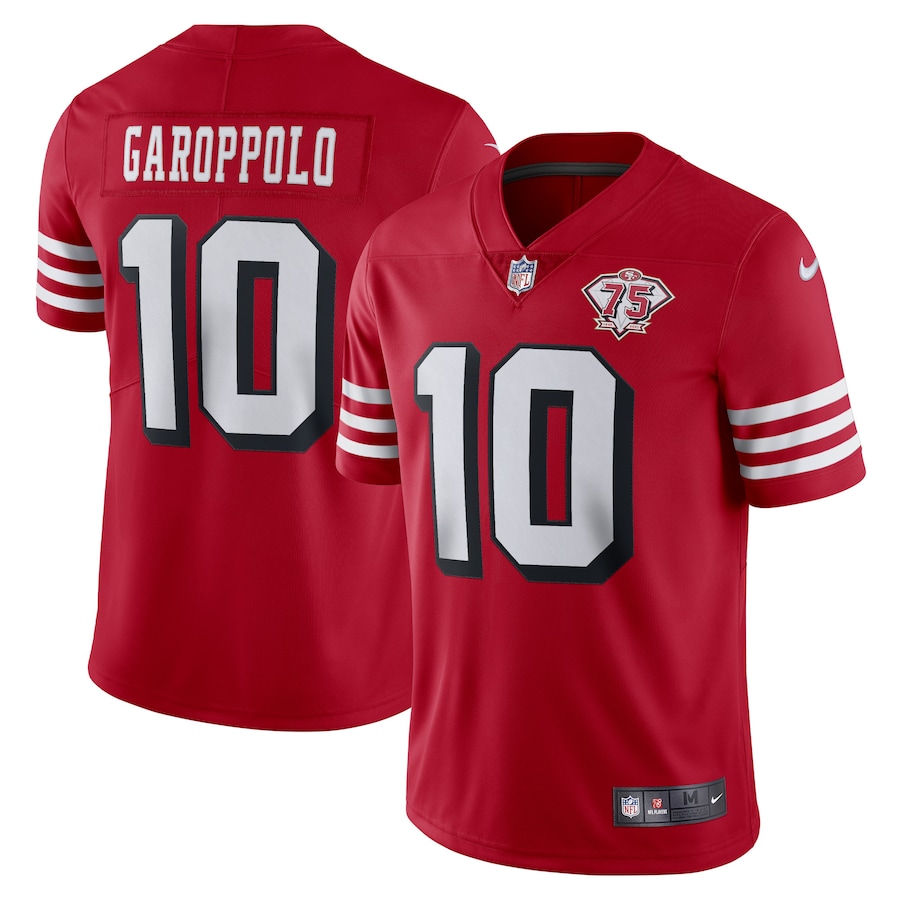 Personalized 49ers #10 Jimmy Garoppolo Red Rush Men’s 75th Anniversary Stitched NFL Untouchable Limited Jersey