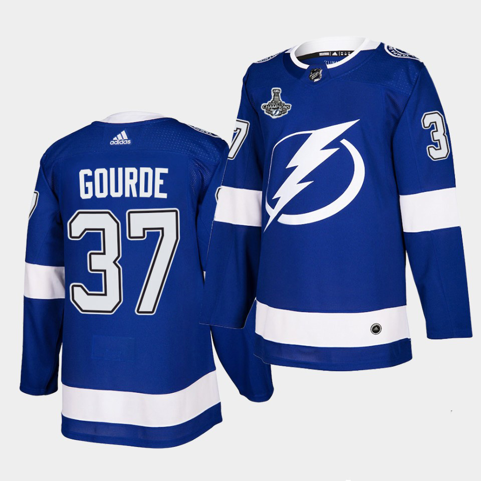 Personalized Lightning #37 Yanni Gourde Blue Home Authentic 2021 Stanley Cup Champions Jersey