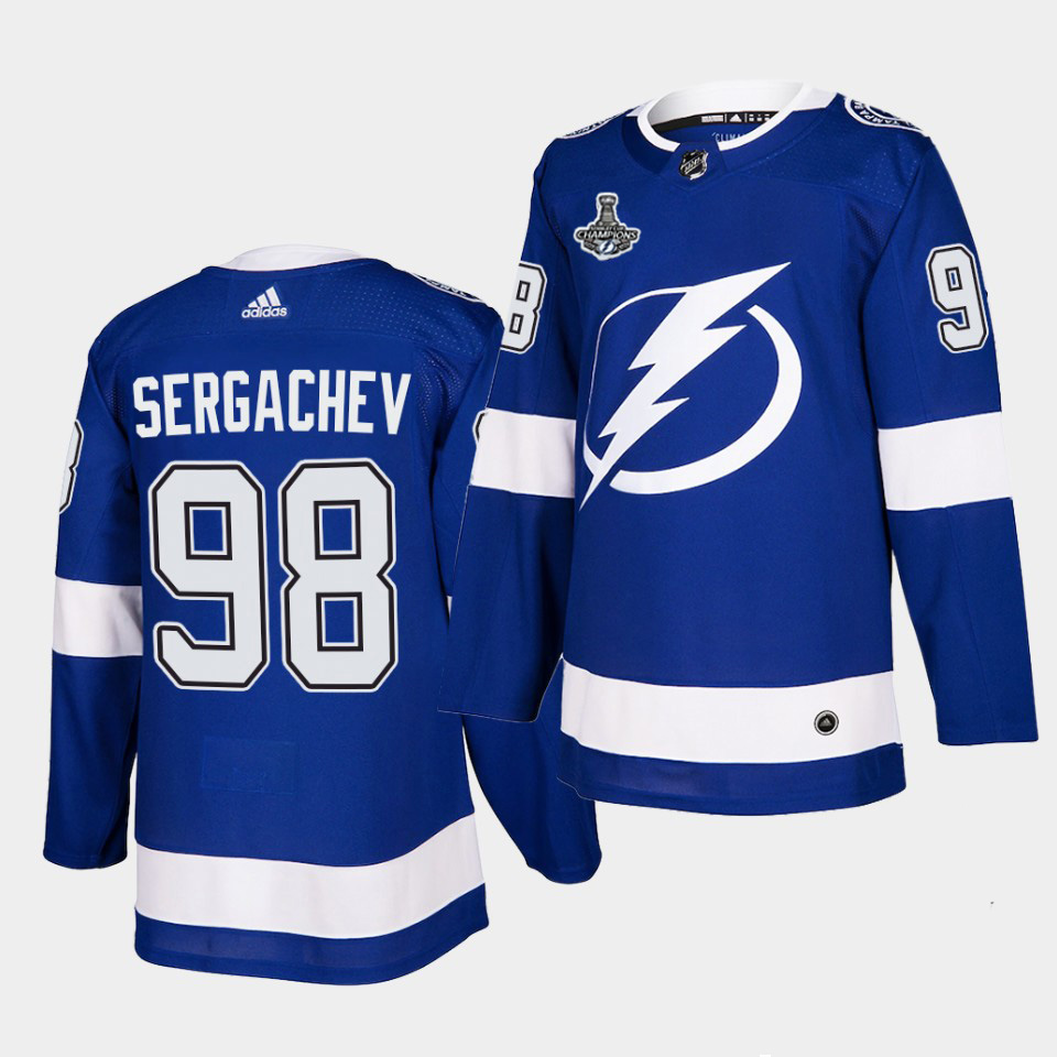 Personalized Lightning #98 Mikhail Sergachev Blue Home Authentic 2021 Stanley Cup Champions Jersey